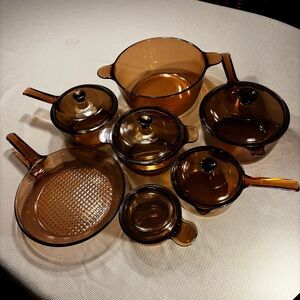 12 pc Vintage Visions amber glass-ceramic cookware + 3 extra lids